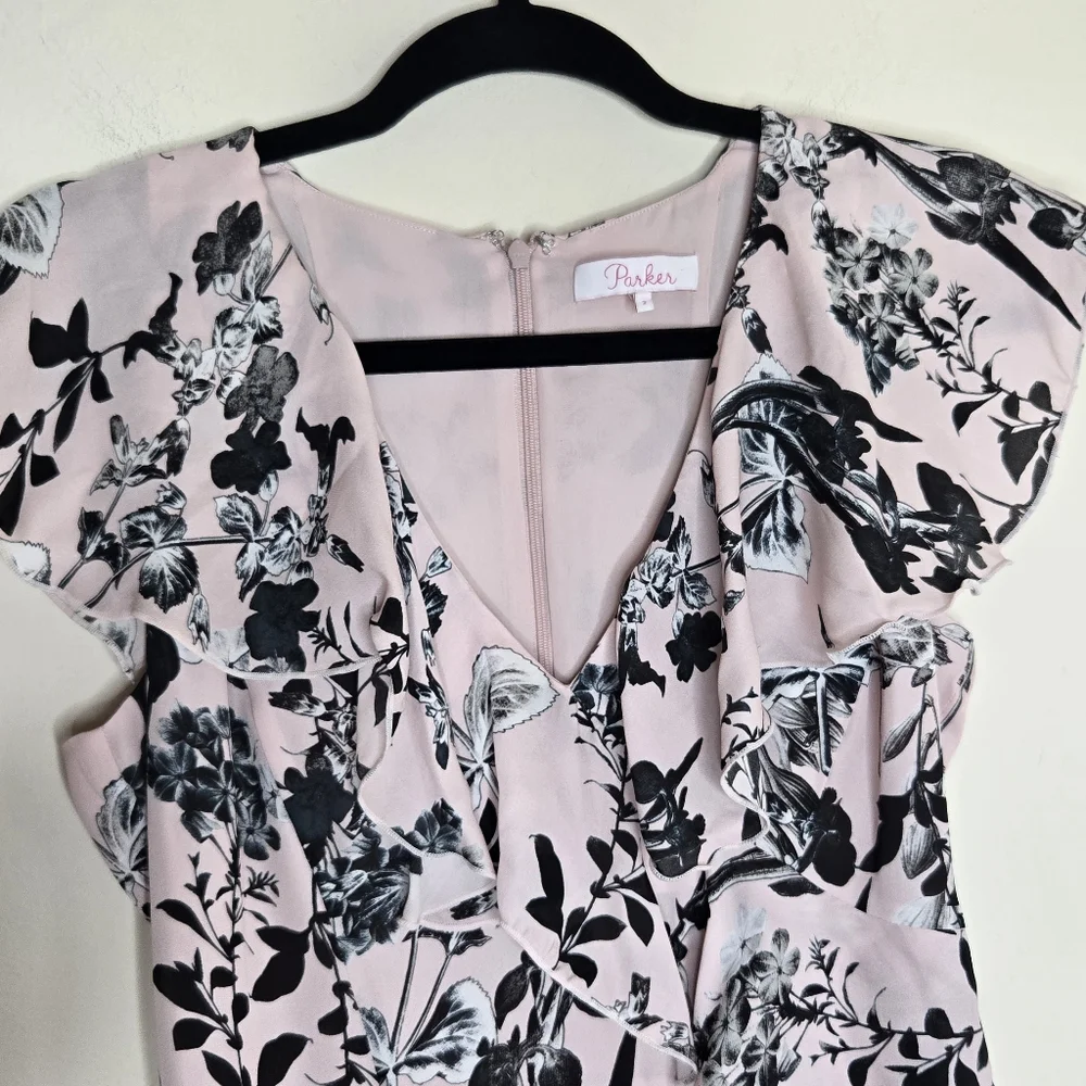 Parker 100% Silk Floral Mini Dress V-Neck Ruffle Wedding Guest Cocktail